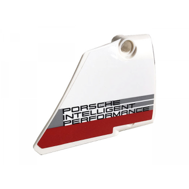 white technic panel fairing 14 large short smooth side b with porsche intelligent performance logo and red stripe pattern sticker - set 42096