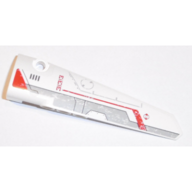 white technic panel fairing 5 long smooth side a with red triangle and 31313 and light bluish gray and red stripes pattern sticker - set 31313