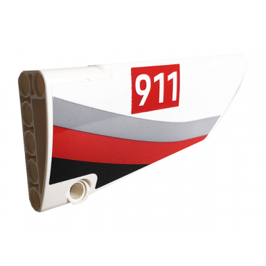 white technic panel fairing 18 large smooth side b with white 911 on red rectangle and gray red and black curved stripes pattern sticker - set 42096