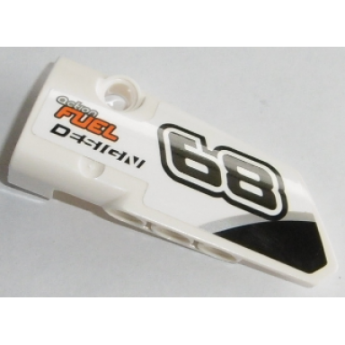 white technic panel fairing 3 small smooth long side a with black 68 and action fuel design pattern sticker - set 42045