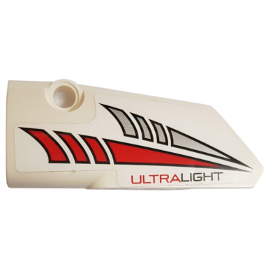 white technic panel fairing 3 small smooth long side a with red and silver tapered stripes and ultralight pattern sticker - set 42057