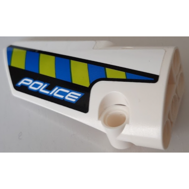 white technic panel fairing 3 small smooth long side a with blue and lime diagonal stripes and police pattern sticker - set 42091