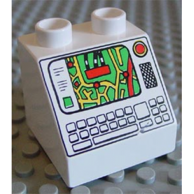 white duplo brick 2 x 2 x 1 1 2 slope 45 with map on screen red button and keyboard pattern