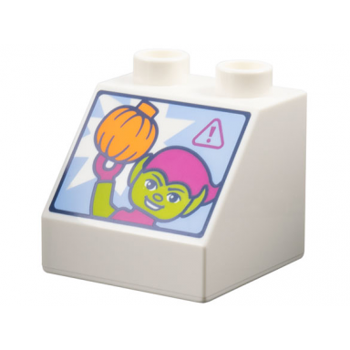white duplo brick 2 x 2 x 1 1 2 slope 45 with screen with warning sign and lime and magenta green goblin duplo figure with orange pumpkin pattern