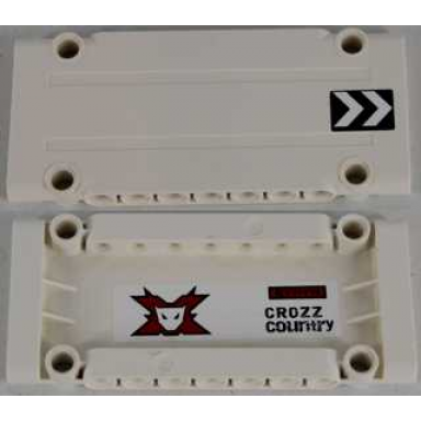white technic panel plate 5 x 11 x 1 with chevrons on outside right and world racers team extreme logo and crozz country on inside pattern sticker - set 8864