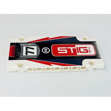 white technic panel plate 5 x 11 x 1 with the stig 77 tg top gear logo and air vent on black dark blue and red pattern sticker - set 42109