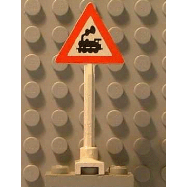white road sign triangle with train engine with cab window pattern