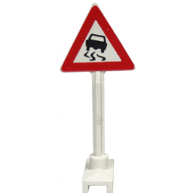 white road sign triangle with skidding car pattern car with no tire on back