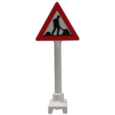 white road sign triangle with thick worker and 2 piles pattern