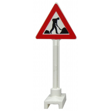white road sign triangle with thin worker and 2 piles pattern