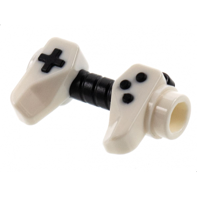 white minifigure utensil game controller holes on sides for bar with molded black buttons and center handle pattern