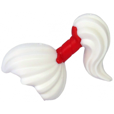 white minifigure hair pulled back into high ponytail with red wrap pattern