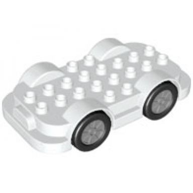 white duplo car base 4 x 8 with four black wheels and light bluish gray hubs with push go motor
