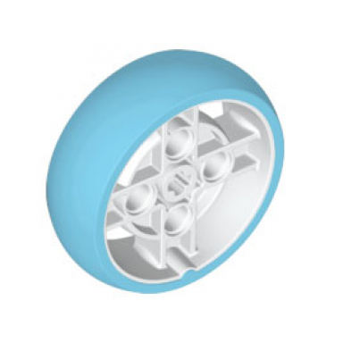 white wheel 43 x 14 technic with axle hole and 4 pin holes with molded medium azure hard rubber tire pattern