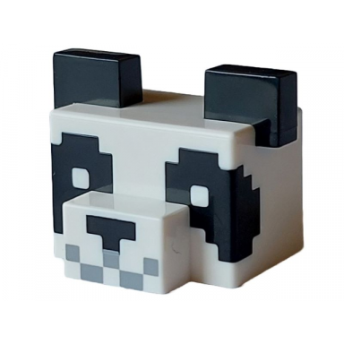white creature head pixelated with muzzle and large ears with molded black ears eyes and nose and printed light bluish gray mouth pattern minecraft panda