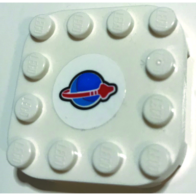white plate modified 4 x 4 with rounded corners and 4 feet with blue and red classic space logo pattern sticker - set 60350
