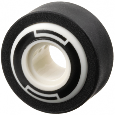white wheel 11mm d x 8mm with center groove 8 spokes and smooth side with black circle and arcs pattern with black tire 14mm d x 6mm solid smooth 6683pb01 50945