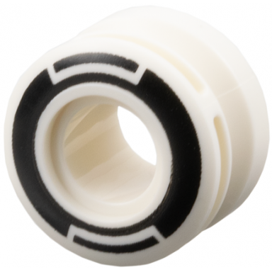 white wheel 11mm d x 8mm with center groove 8 spokes and smooth side with black circle and arcs pattern