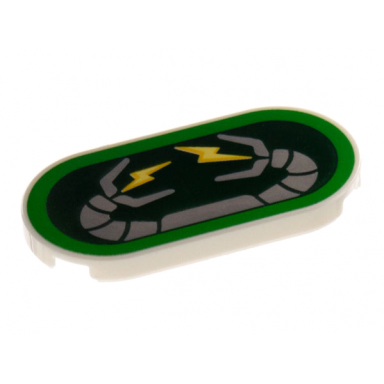white tile round 2 x 4 oval with light bluish gray robot arms yellow lightning on dark green background pattern