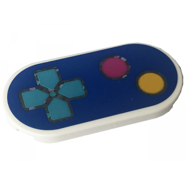 white tile round 2 x 4 oval with yellow and dark pink buttons medium azure directional pad on blue game controller pattern sticker - set 41708