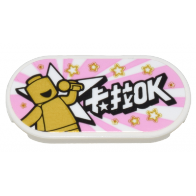 white tile round 2 x 4 oval with gold minifigure microphone stars and white chinese logogram å¡æok pattern sticker - set 80036