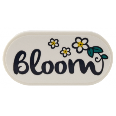 white tile round 2 x 4 oval with white flowers dark turquoise leaves and dark blue script bloom pattern sticker - set 41732