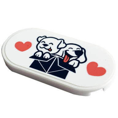white tile round 2 x 4 oval with white dogs in dark blue box with coral hearts pattern sticker - set 41741