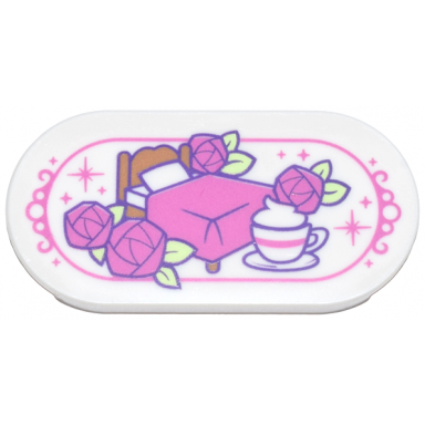 white tile round 2 x 4 oval with dark pink bed roses sparkles and striped tea cup pattern