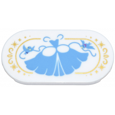 white tile round 2 x 4 oval with medium blue ball gown birds and ribbons gold border and sparkles pattern