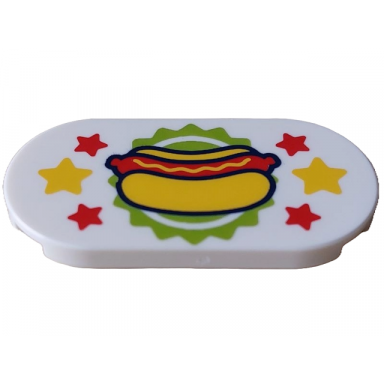 white tile round 2 x 4 oval with hot dog on lime planet background with yellow and red stars pattern