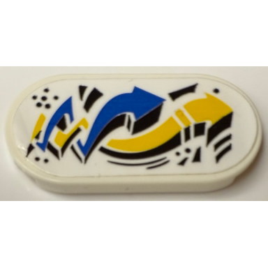 white tile round 2 x 4 oval with black blue and yellow twisted and curved arrows pattern sticker - set 71461