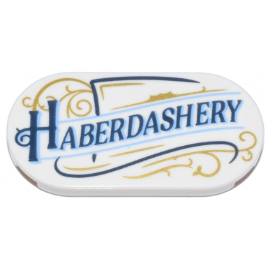 white tile round 2 x 4 oval with dark blue and medium blue haberdashery and gold filigree pattern