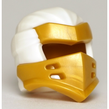 white minifigure headgear ninjago wrap type 7 with 4 slits on front with molded pearl gold armor pattern