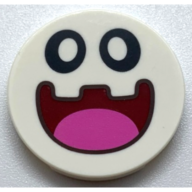 white tile round 3 x 3 with black eyes and dark red open mouth smile with dark pink tongue pattern super mario peepa face