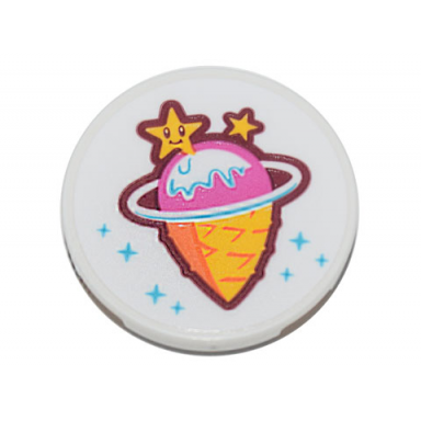 white tile round 3 x 3 with ice cream cone orbit stars and sparkles ice planet ice cream shop logo pattern sticker - set 71741