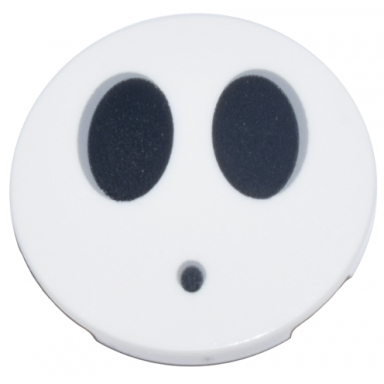 white tile round 3 x 3 with bottom stud holder with black large ovals and dot with light bluish gray borders pattern super mario fly guy shy guy face