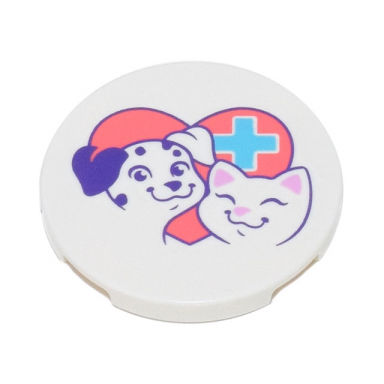 white tile round 3 x 3 with coral heart with medium azure cross smiling dog and cat pattern
