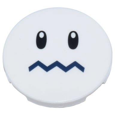 white tile round 3 x 3 with black oval eyes with pupils and dark blue zigzag mouth pattern