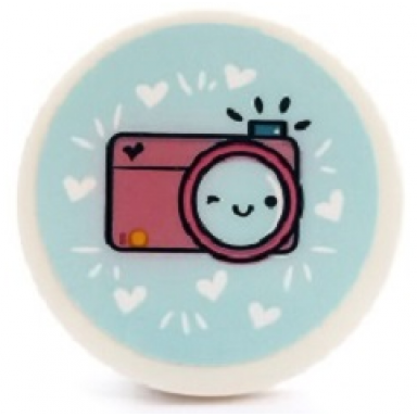 white tile round 3 x 3 with dark pink camera with face and hearts on light aqua background pattern sticker - set 41450