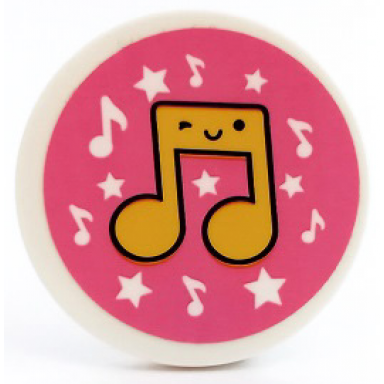 white tile round 3 x 3 with yellow music notes with face and stars on dark pink background pattern sticker - set 41450