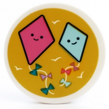 white tile round 3 x 3 with dark pink and light aqua diamond shaped kites with faces on yellow background pattern sticker - set 41450