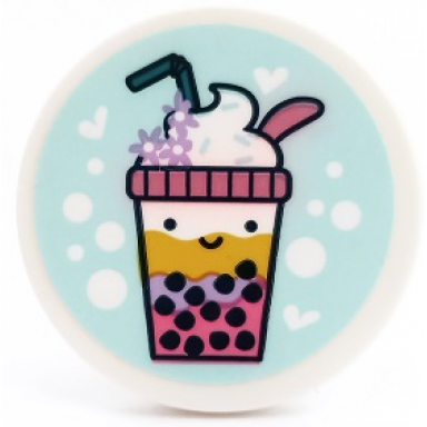 white tile round 3 x 3 with bubble tea with cream straw flowers hearts and dots on light aqua background pattern sticker - set 41450