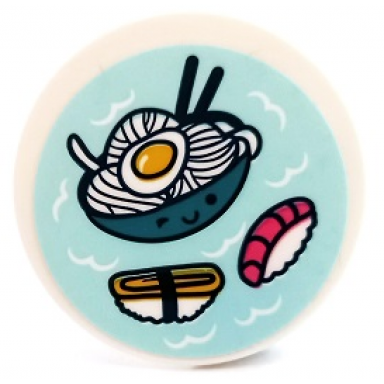 white tile round 3 x 3 with sushi ramen noodles and chopsticks in bowl on light aqua background pattern sticker - set 41450