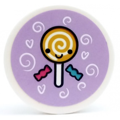 white tile round 3 x 3 with candy lollipop swirls and hearts on lavender background pattern sticker - set 41450