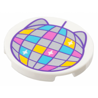 white tile round 3 x 3 with dark purple disco ball with silver medium azure dark pink and yellow sections sparkles and cat ears pattern