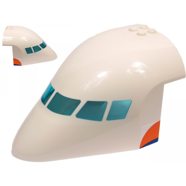 white aircraft fuselage forward top curved 8 x 12 x 6 with 6 window panes with molded trans-light blue glass and orange and blue stripes pattern on both sides stickers - set 60262