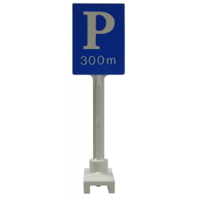 white road sign square-tall with parking p and 300m pattern