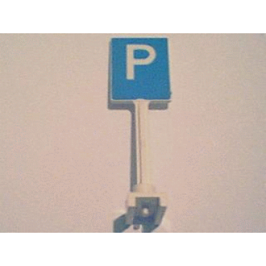 white road sign square-tall with parking capital letter p on blue background pattern
