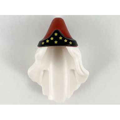 white minifigure hair combo hat with hair long and wavy with molded dark red pointed hat and printed black band and gold stars pattern