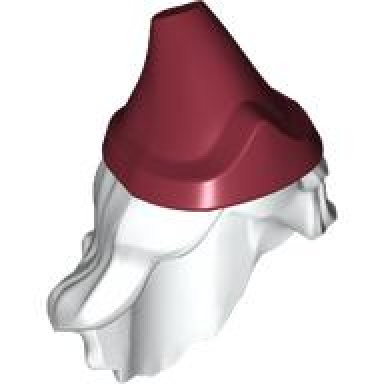 white minifigure hair combo hat with hair long and wavy with molded dark red pointed hat pattern